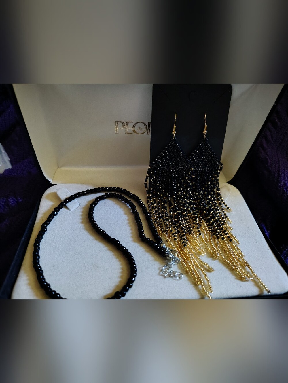 🩸New 2-Pc Handmade Black & Gold Beaded Jewelry Set | Fringe Earrings & Necklace